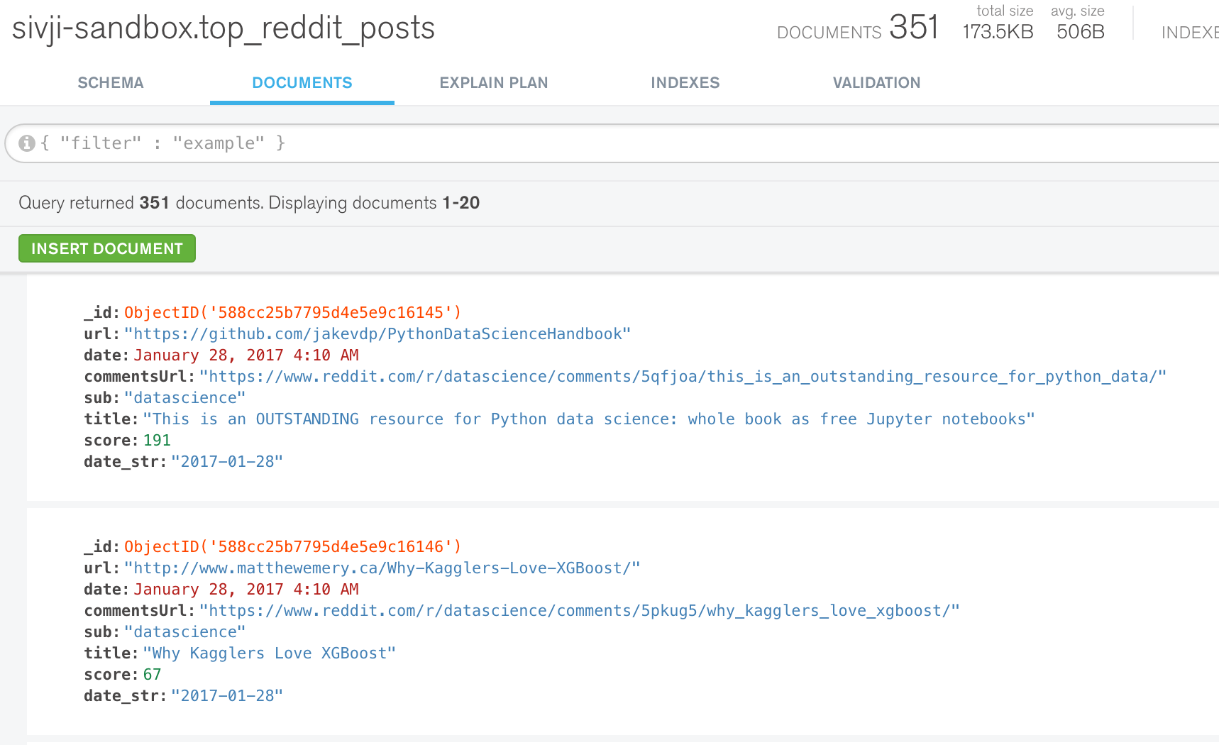 Reddit Items in MongoDB Compass